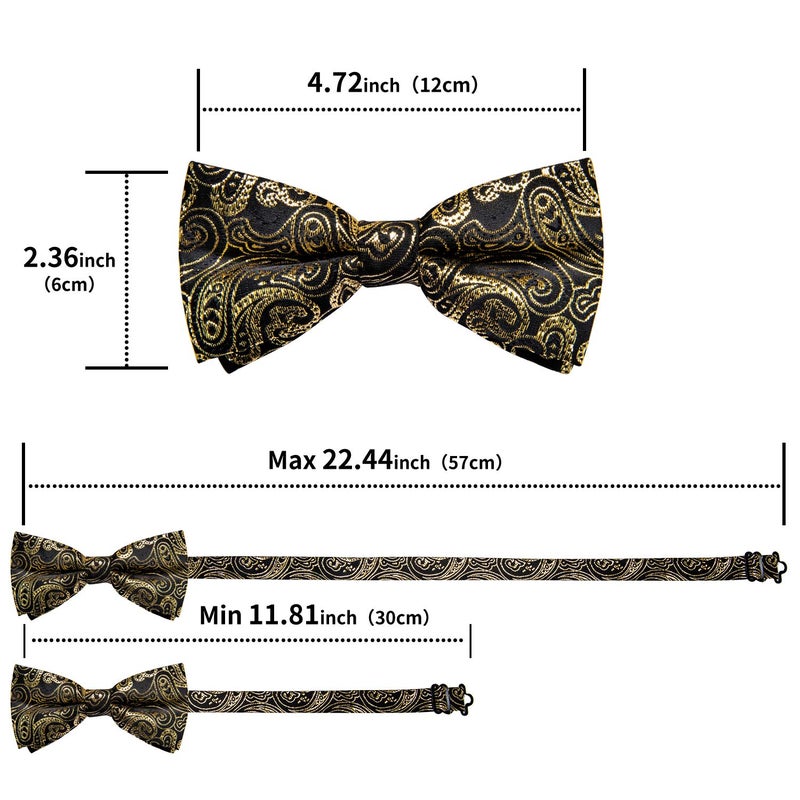 DiBanGu Black Gold Paisley Bow Tie for Men Adjustable Pretied Bow Tie Handkerchief Cufflinks - Image 4